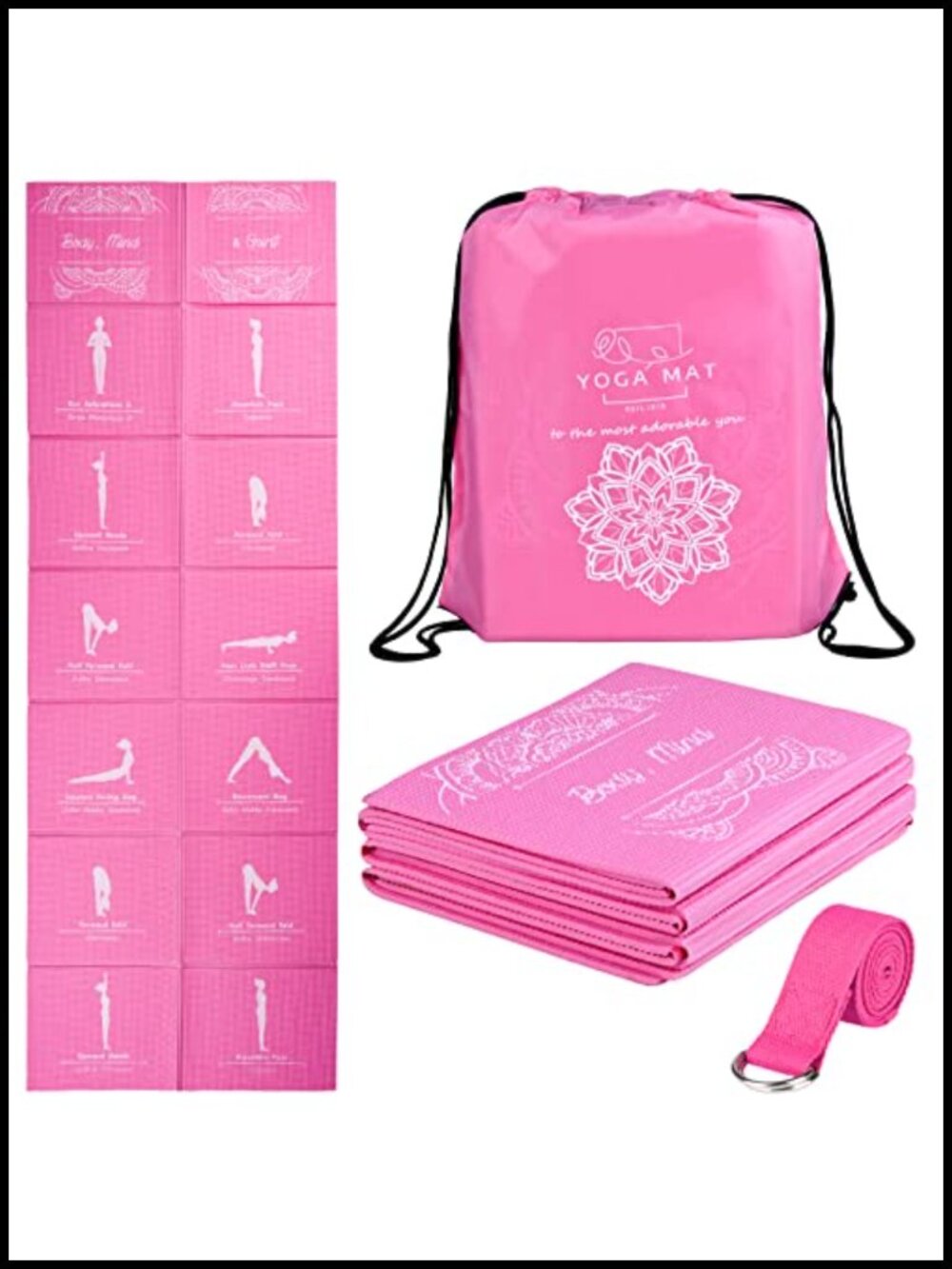 Foldable Non Slip Yoga Mat 5mm Thick with Stretch Strap PVC Travel Exercise Mat